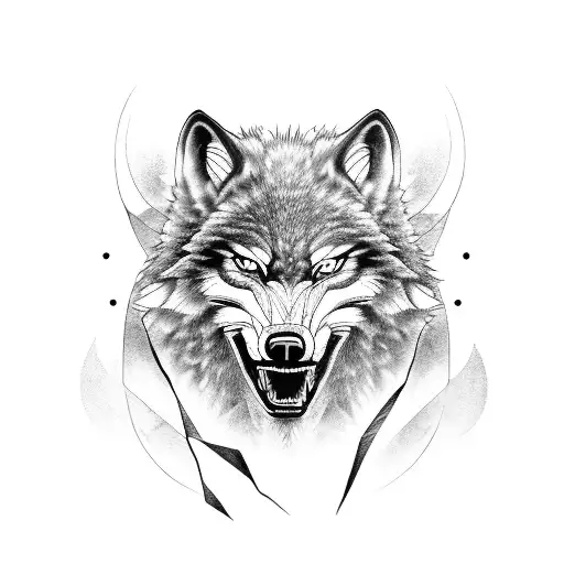 A fierce wolf standing in front of a cross tattoo design idea