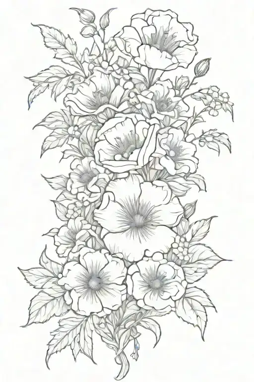 Hawthorne, Poppy, Carnations, honeysuckle, jonquil, primrose, and morning glory bouquet tattoo design idea