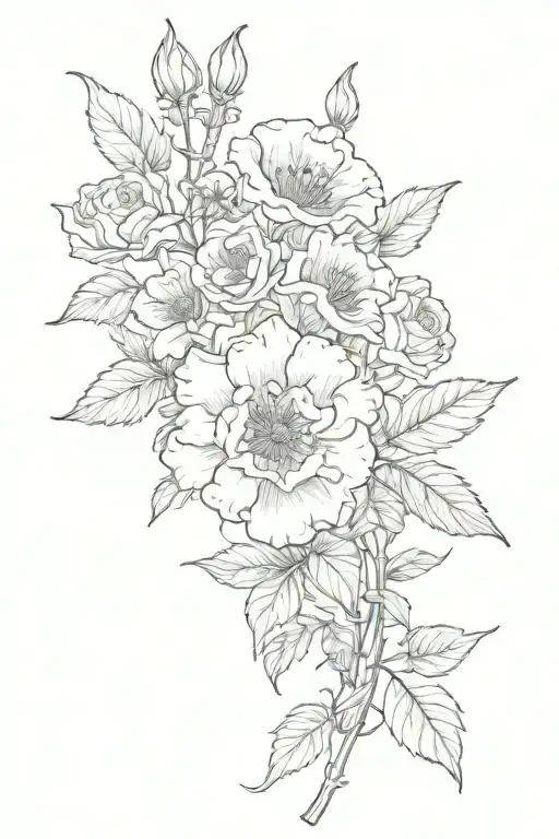 Hawthorne, Poppy, Carnations, honeysuckle, jonquil, primrose, and morning glory bouquet tattoo design idea