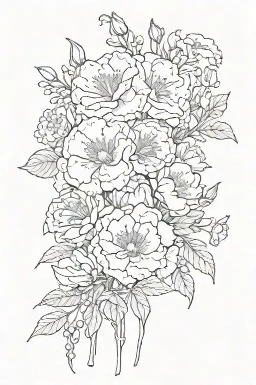 Hawthorne, Poppy, Carnations, honeysuckle, jonquil, primrose, and morning glory bouquet tattoo design idea
