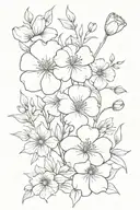 Hawthorne, Poppy, Carnations, honeysuckle, jonquil, primrose, and morning glory bouquet tattoo design idea