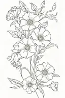 Hawthorne, Poppy, Carnations, honeysuckle, jonquil, primrose, and morning glory bouquet tattoo design idea
