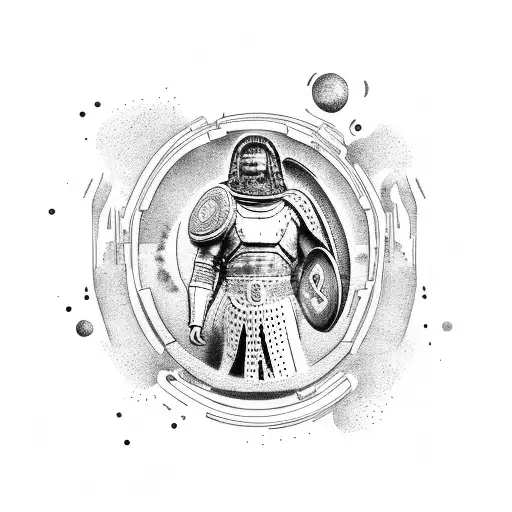 roman warrior and space man shaking hands tattoo design idea