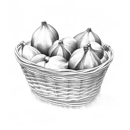 5 large figs in a wicker basket. side view. simplistic. no shadows. only line work.  tattoo design idea