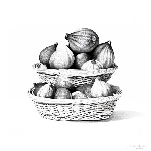 5 large figs in a wicker basket. side view. simplistic. no shadows. only line work. tattoo design idea