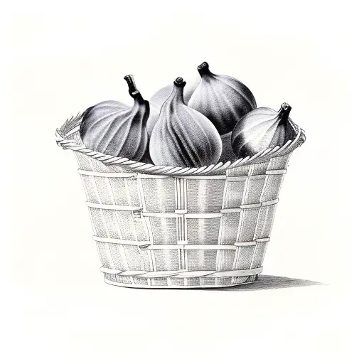 5 large figs in a wicker basket. side view. simplistic tattoo design idea