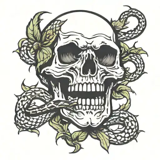 Skull biting vines with a snake intertwined tattoo design idea