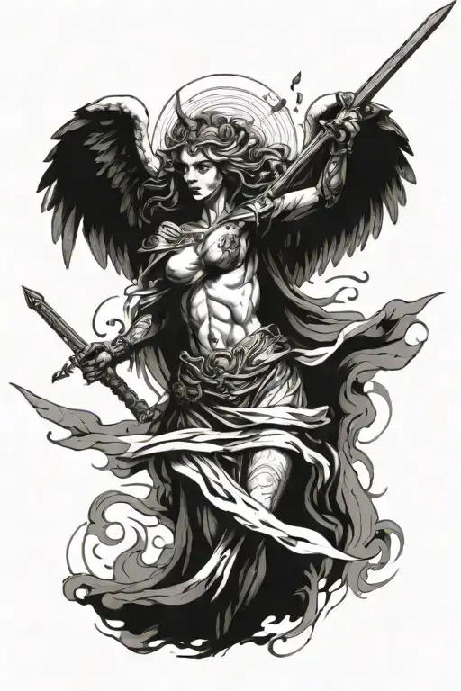 an angel with a spear with a tainted glass on the backgroud tattoo design idea