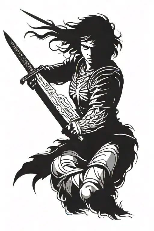 a fierce angel warrior with a two-handed sword on a tainted glass tattoo design idea