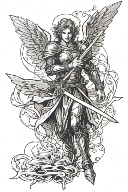 an angel warrior with a two-handed sword on a tainted glass tattoo design idea
