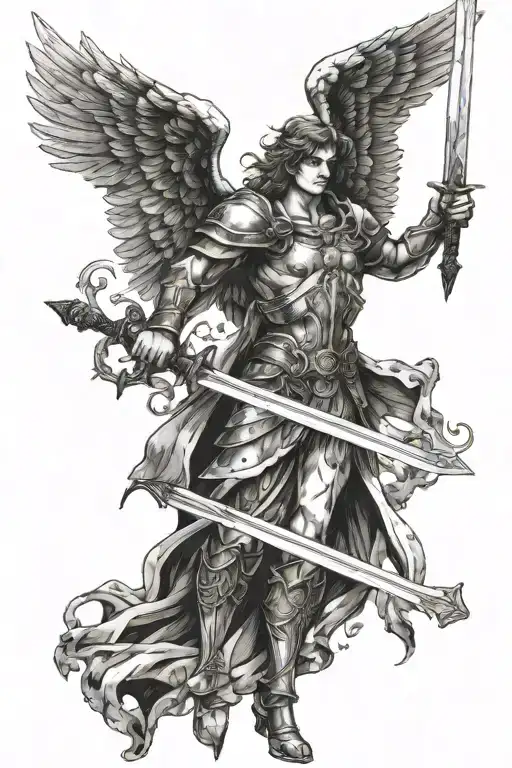 an angel warrior with a two-handed sword with a tainted glass on the backgroud tattoo design idea