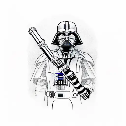 Darth vader holding a light saber that fits on a shoulder to elbow tattoo design idea