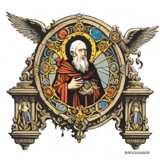 Saint Benedict in a cathedral scene tattoo design idea