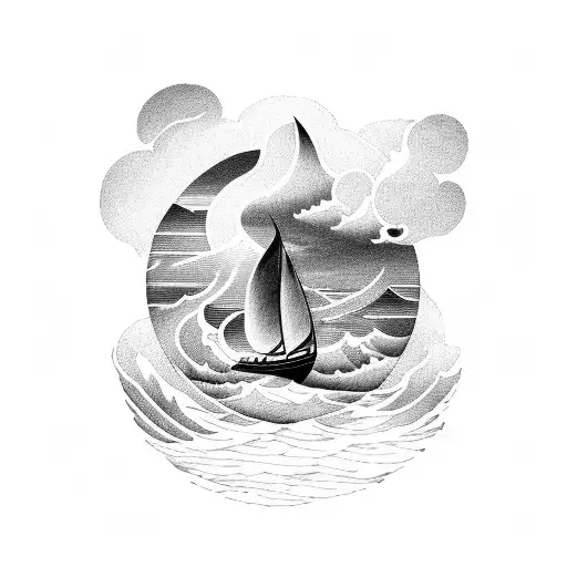 A dynamic composition featuring a boat sailing through a stormy sea, with rays of divine light breaking through the dark clouds, showcasing the client's faith and passion for boats tattoo design idea
