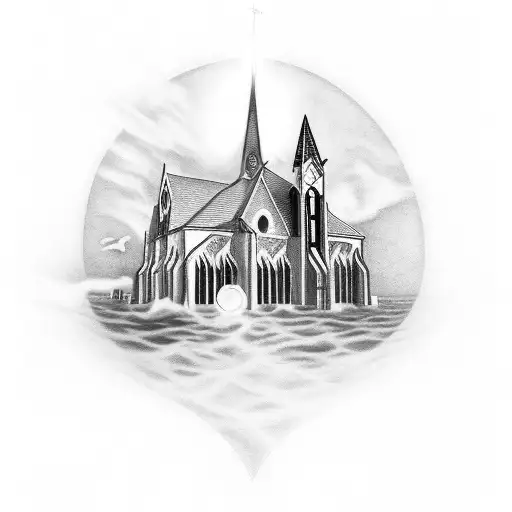 A surreal tattoo depicting a church submerged underwater with rays of light breaking through the surface tattoo design idea