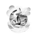 A dynamic composition featuring a boat sailing through a stormy sea, with rays of divine light breaking through the dark clouds, showcasing the client's faith and passion for boats tattoo design idea