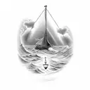 A dynamic composition featuring a boat sailing through a stormy sea, with rays of divine light breaking through the dark clouds, showcasing the client's faith and passion for boats tattoo design idea