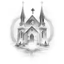 A surreal tattoo depicting a church submerged underwater with rays of light breaking through the surface tattoo design idea