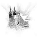 A surreal tattoo depicting a church submerged underwater with rays of light breaking through the surface tattoo design idea