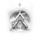 A surreal tattoo depicting a church submerged underwater with rays of light breaking through the surface tattoo design idea