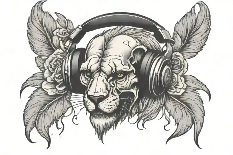 lion skull wearing headphones tattoo design idea