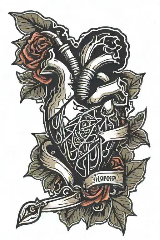 safety pin shaped like tagger in the style going through a human heart shaped like ❤️, in the style of sailor jerry  tattoo design idea