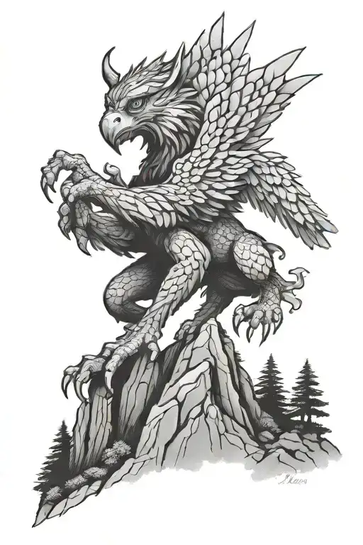 griffin climbing mountain tattoo design idea