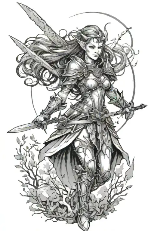 elf girl in armor with a sword, forest and moon in the background tattoo design idea