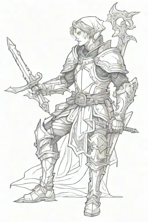 elf in knight's armor holds a sword tattoo design idea