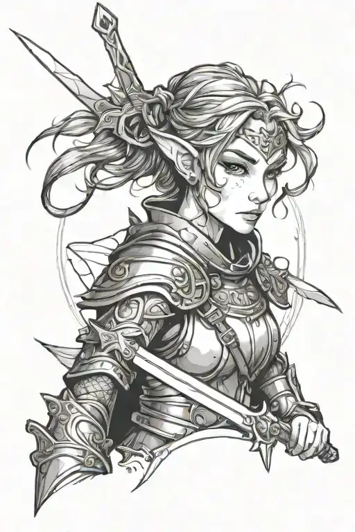 elf girl in armor with a sword tattoo design idea