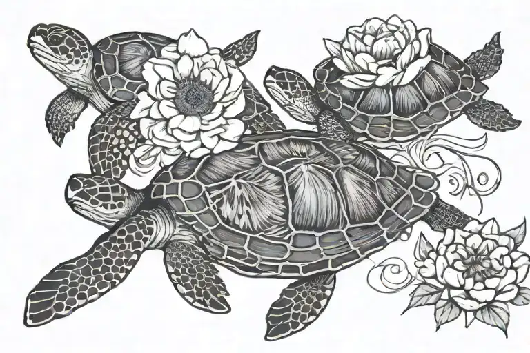 two sea turtles swimming around eachother one with a peony shell and one with a sunflower shell tattoo design idea