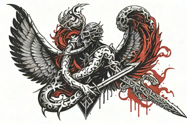 devil's and angel fire wings dagger snake tattoo tattoo design idea