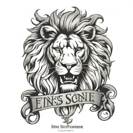 lion head and Gothic inscription "Eins... hier kommt die Sonne" tattoo design idea