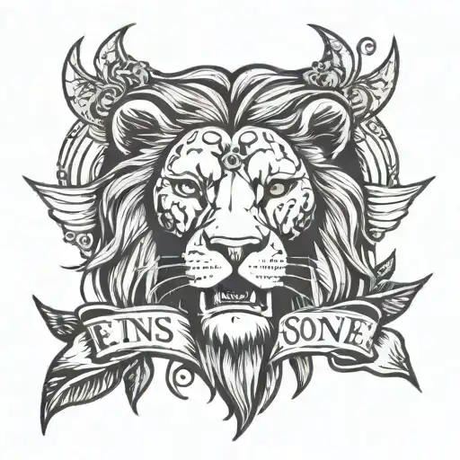 lion head and Gothic inscription "Eins... hier kommt die Sonne" tattoo design idea