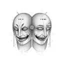 a vertical line that separates two tragicomedy masks of Venice, a happy one on the right side of the line and a sad one  tattoo design idea