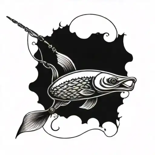 A detailed blackwork tattoo of a fishing lure intertwined with guitar strings tattoo design idea