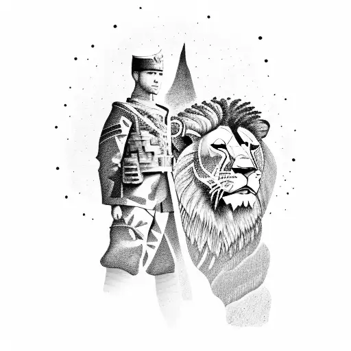 A soldier standing on a mountain cliff with a lion by their side tattoo design idea