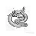 coiled snake on lower arm, shooting lightning from its tongue, forming a hand-surrounding pattern. tattoo design idea