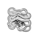 coiled snake on lower arm, shooting lightning from its tongue, forming a hand-surrounding pattern. tattoo design idea