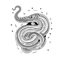 coiled snake on lower arm, shooting lightning from its tongue, forming a hand-surrounding pattern. tattoo design idea
