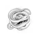 coiled snake on lower arm, shooting lightning from its tongue, forming a hand-surrounding pattern. tattoo design idea