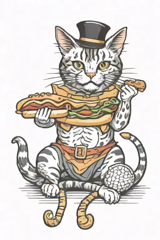 cat with hot dog playing tattoo design idea