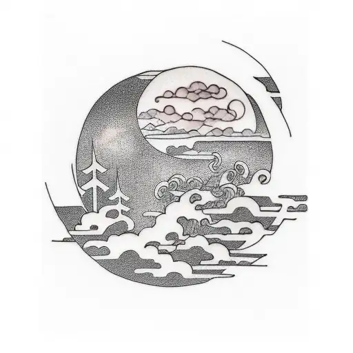 full arm tattoo with trees, clouds and the moon tattoo design idea