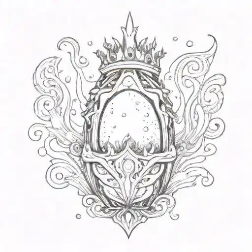 A cosmic egg with a crown on fire on top  tattoo design idea