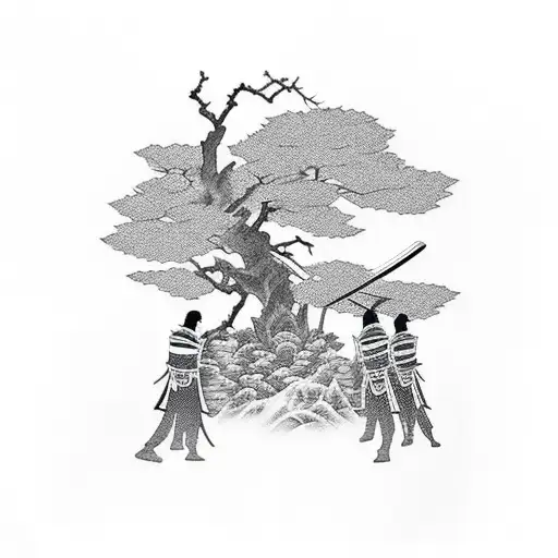 Samurais fighting silhouette close to a temple and forest and sunset  tattoo design idea
