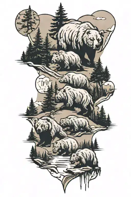 California snowy mountains filled with pine trees and a bear family of 4 tattoo design idea