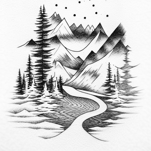 forest with mountains and river and wolf tattoo design idea