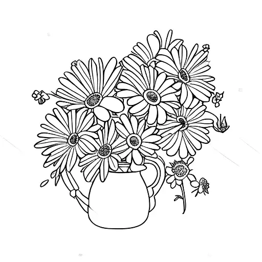 bouquet with daisy, a sweetpea, a rose, larkspur, a waterlil tattoo design idea