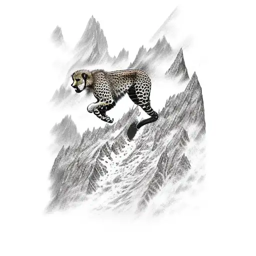A cheetah leaping over a mountain range with a butterfly perched on its back in a black-grey style tattoo design idea