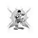 A blackwork tattoo featuring a Muay Thai fighter surrounded by iconic symbols from the client's favorite games and manga tattoo design idea